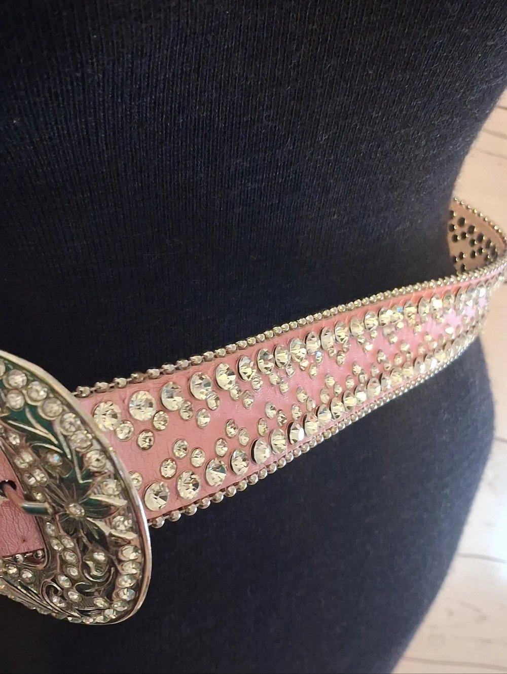 Rhinestone Studded Western Belt With Large Buckle Metallic Pink 32 To 36 Inches